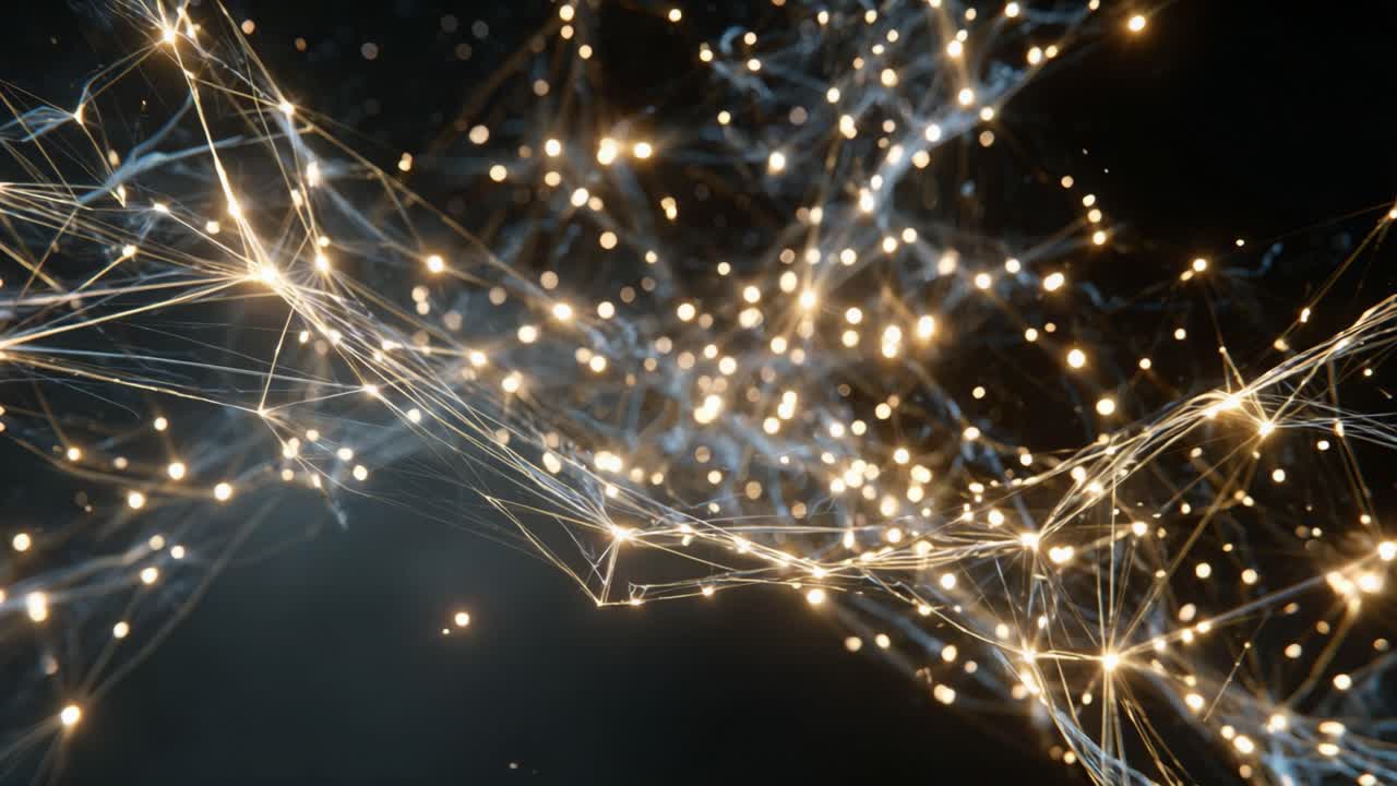 Abstract digital background with a complex network of glowing gold nodes and lines moving through space, representing concepts of data, communication, technology, and interconnectedness