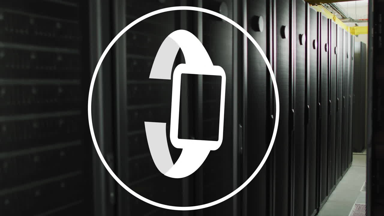 Smartwatch icon animation over server racks in data center