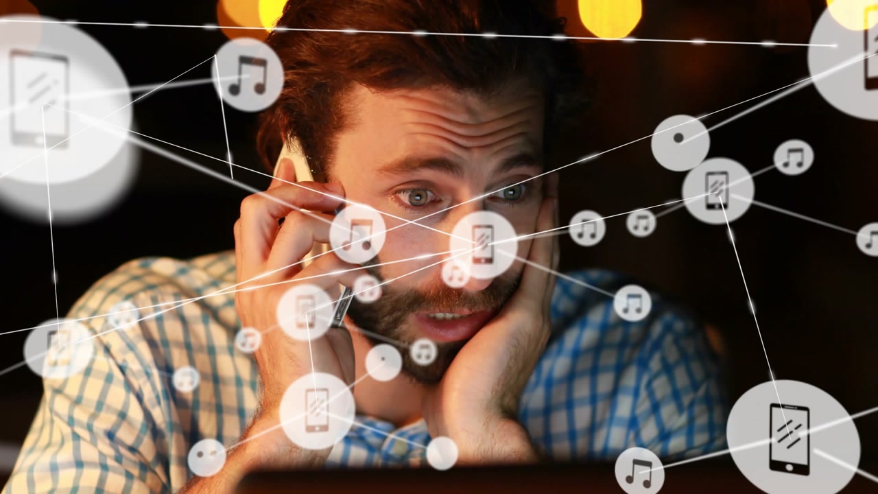 Network icons spreading man holding phone, listening, engaging and processing laptop info for tech