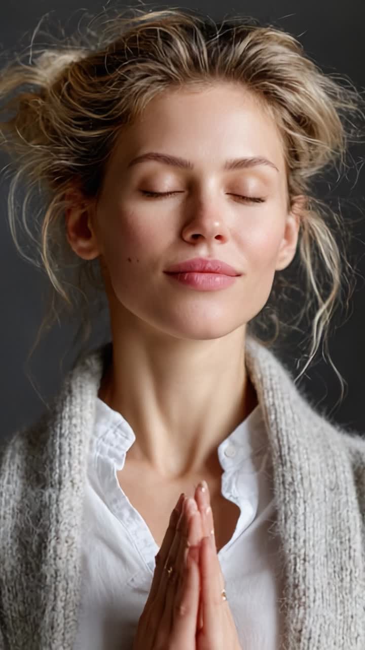 Un sereno momento di consapevolezza e pace interiore: espressione facciale e gesto accattivanti in uno stato meditativo