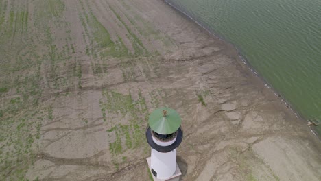 a lighthouse at the edge of a lake