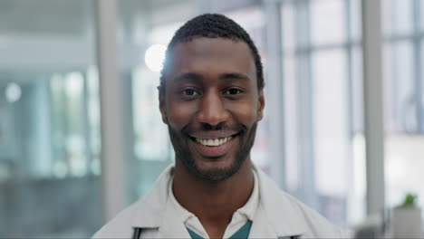 doctor, happy and face of black man in hospital