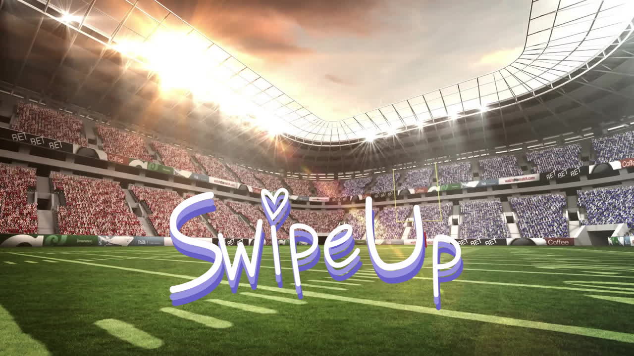 Animation of heart with Swipe Up text over football stadium at sunset