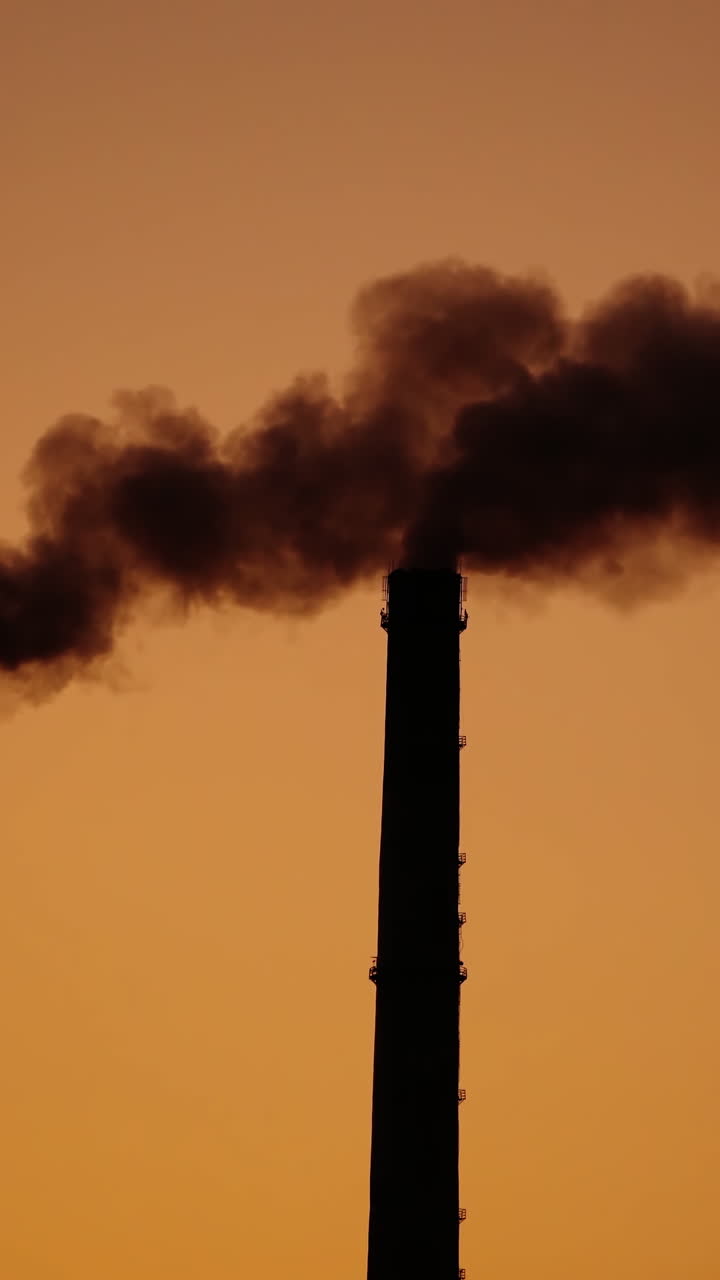The steaming tube or pipe of the plant, factory or thermal power station on the background of dark sky. Monochrome video. Vertical video