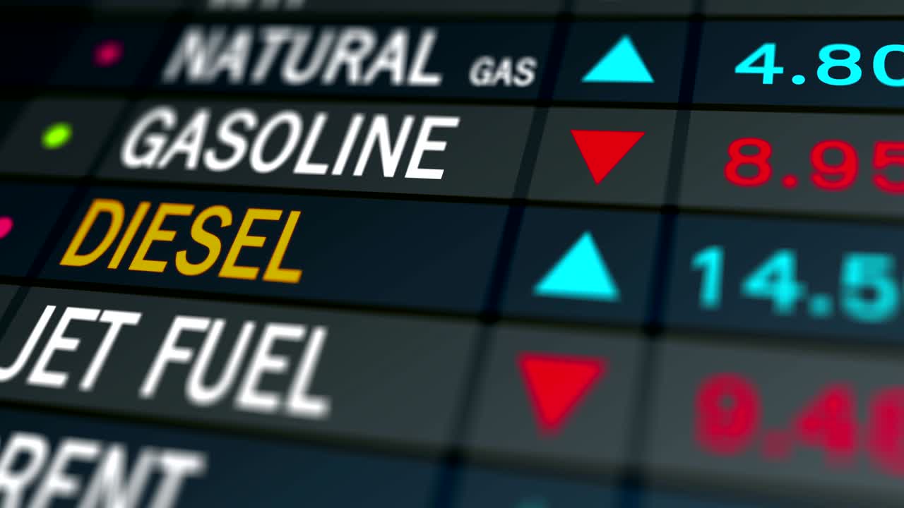 주식시장에서 디젤, 가솔린 상품의 연료 가격 개념: 4k uhd 3d 비디오 애니메이션 루프