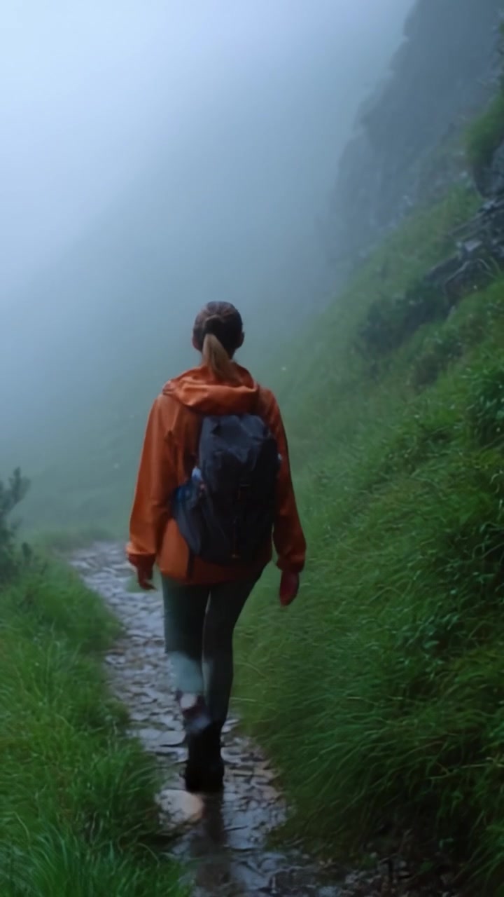 A solitary hiker navigating a misty pathway through lush greenery, embodying the spirit of adventure and connection with nature amid a foggy landscape.