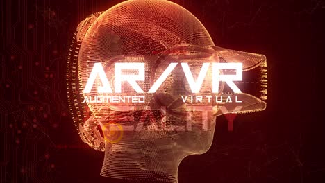 impresionante animación gráfica vfx que representa tecnología emergente en el espacio de realidad aumentada de realidad virtual, con cabeza giratoria con gafas vr, diseño de plexo abstracto, en esquema de color naranja