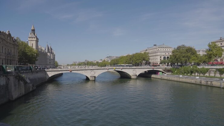 Pont Saint Michel Bridge Crossing River Seine In Paris France With Tourists And Traffic 5