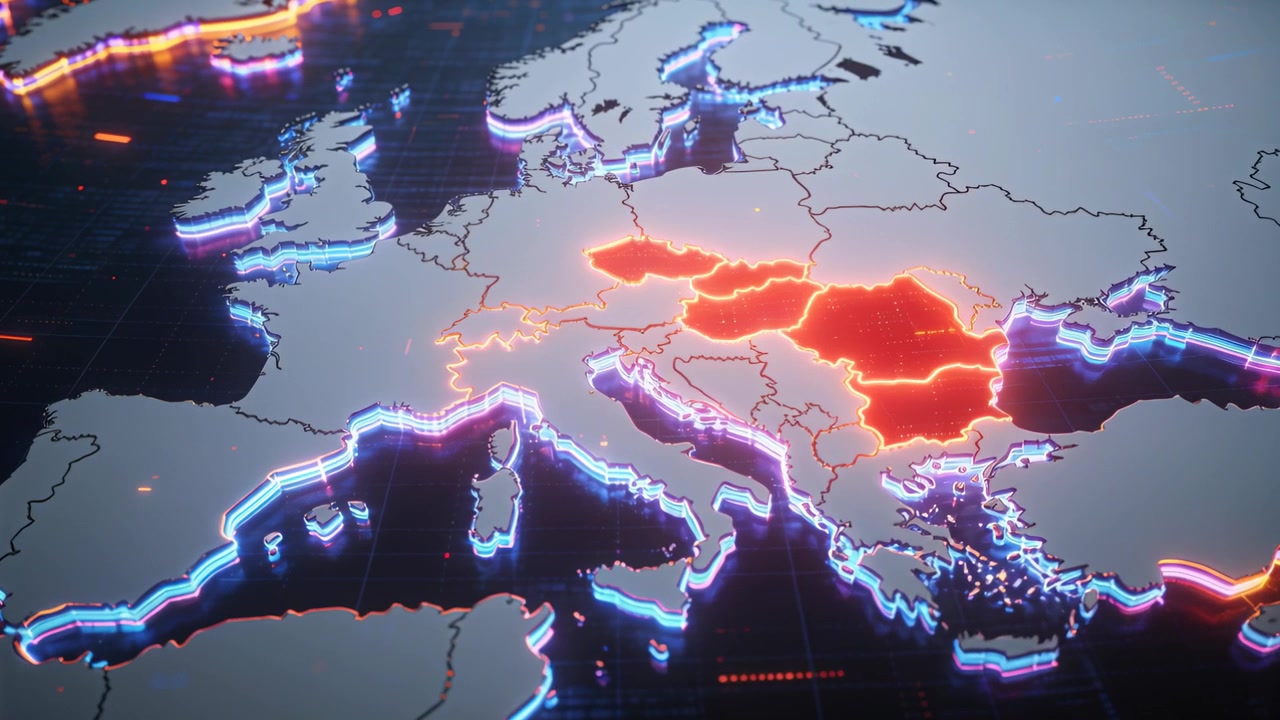 Mappa 3D dell'Europa evidenziata con un cluster rosso pulsante dopo l'illuminazione iniziale su una griglia scura con bordi al neon.
