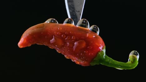 macro view of a red chili pepper on a black background