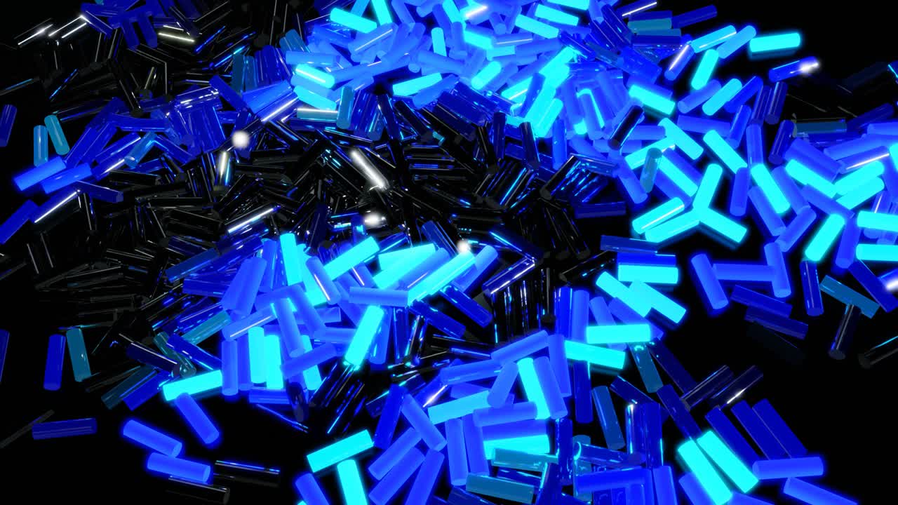 회색 직사각형이 많은 3d 추상적인 루프 배경은 평면에 놓여 파란색으로 빛납니다. 불은 추상적인 크리스마스 꽃줄기와 같은 모양을 형성하기 시작합니다. 파도는 막대기를 가로질러 달립니다.