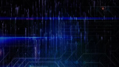 animation of glowing light trails and computer circuit board on blue background