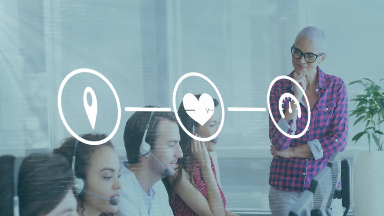 animación de la red de iconos sobre diversas personas de negocios con auriculares de teléfono