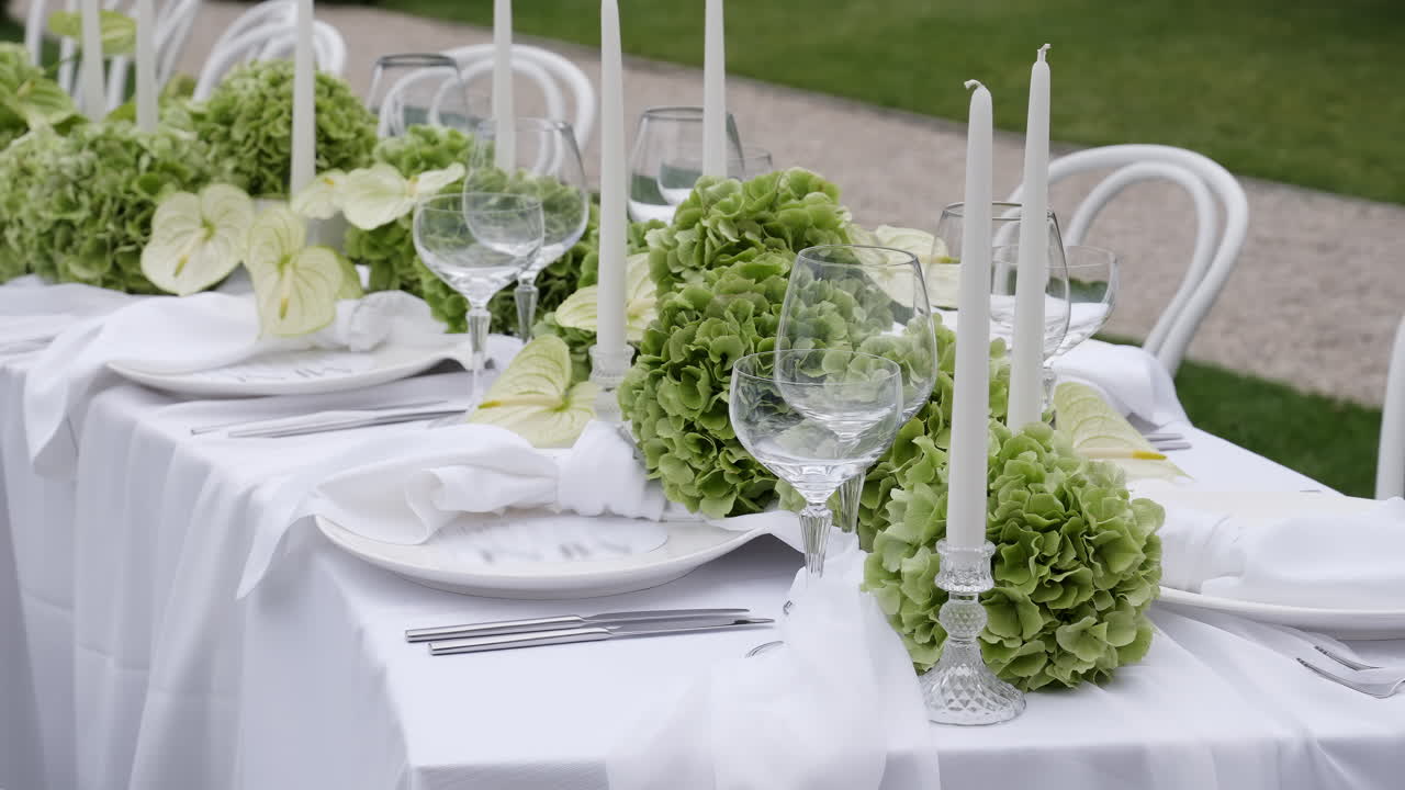 Allestimento Tavola Bianco Elegante con Fiori Verdi