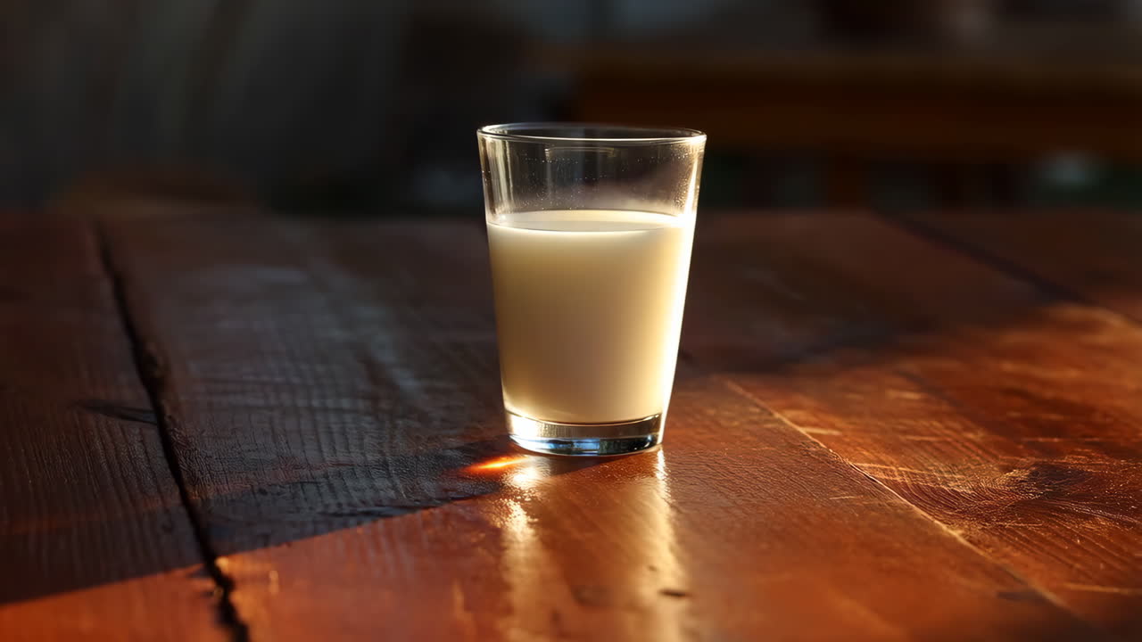 A Glass of Milk on a Wooden Table in Sunlight