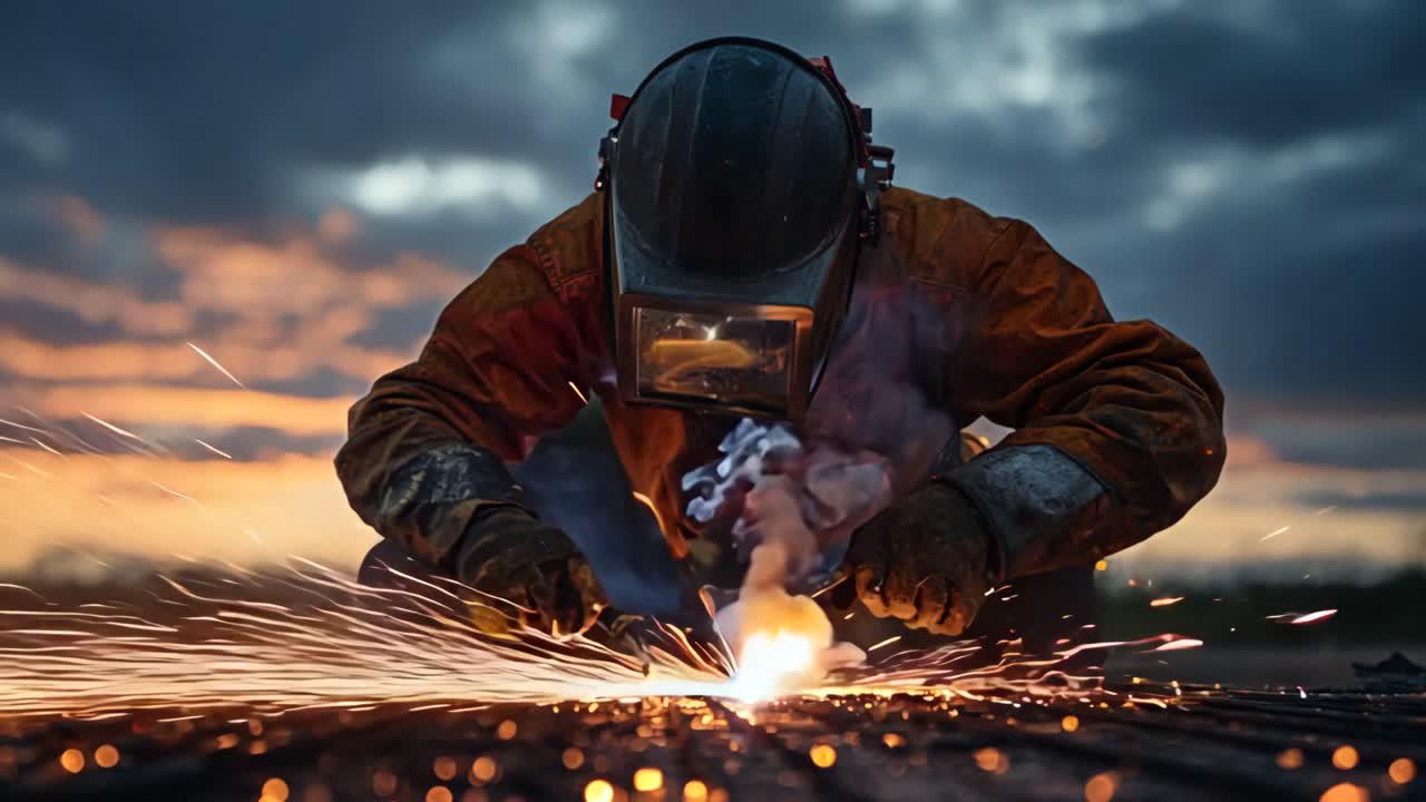 A man in a protective suit is working on a piece of machinery. The scene is set in a factory with a lot of sparks flying around. The man is focused on his work