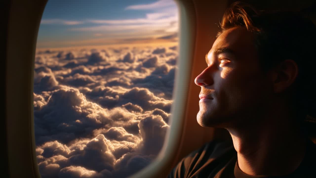A Thoughtful Traveler Gazes Out the Airplane Window as the Sun Sets Over the Clouds, Capturing the Essence of Wanderlust and Adventure in a Serene Moment Above the World