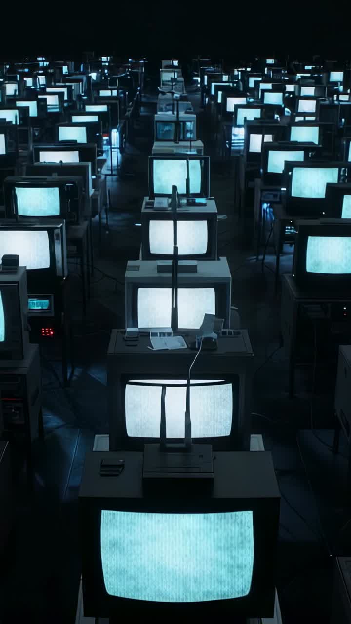 Vertical video: Flickering CRT TV stack showing shifting static in warehouse hall with cables