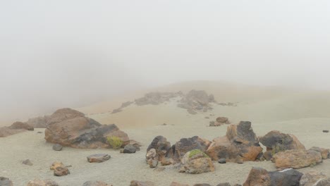 foggy teide desertic landscape, low visibility with rocks on foreground