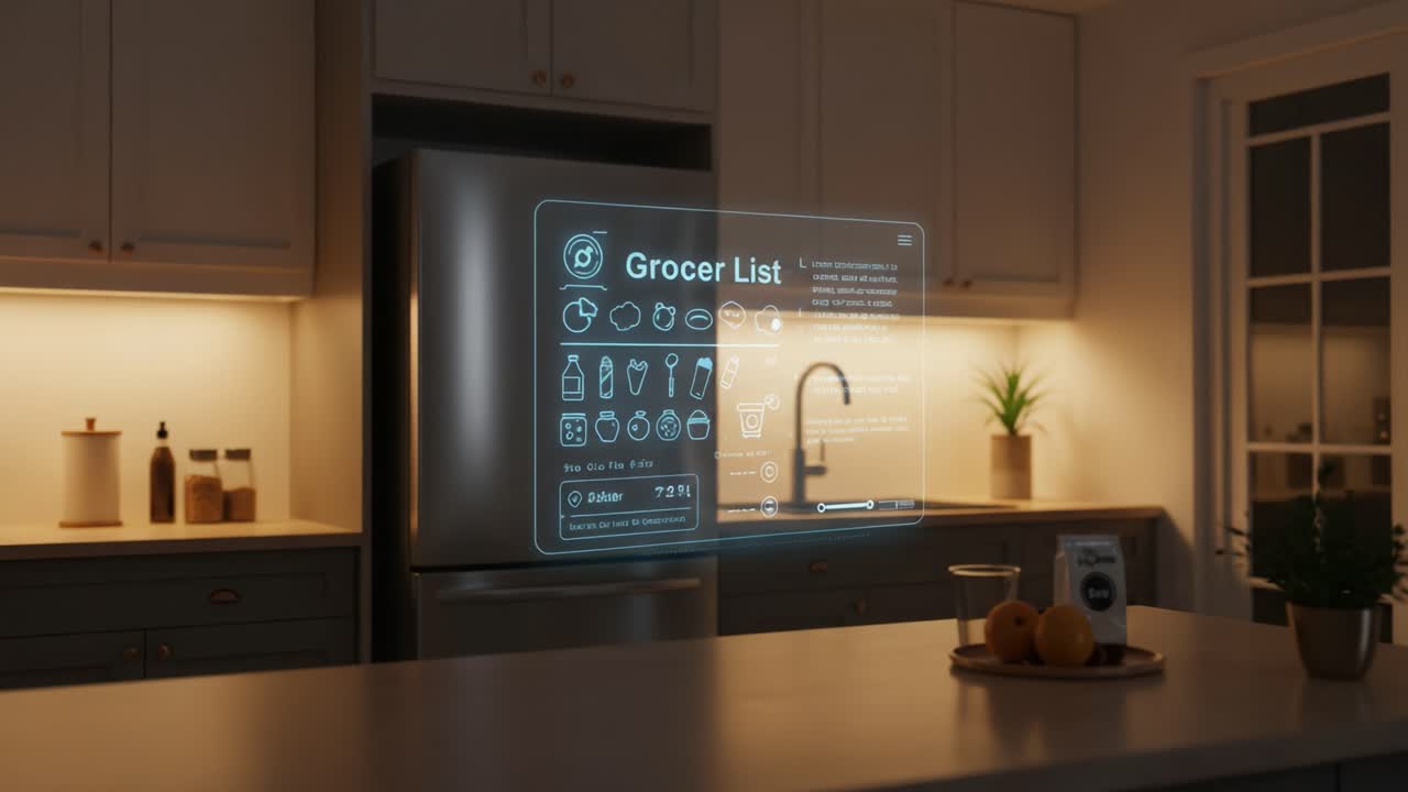 A Smart Kitchen Experience Featuring a Transparent Digital Grocery List Displayed in a Modern, Cozy Setting