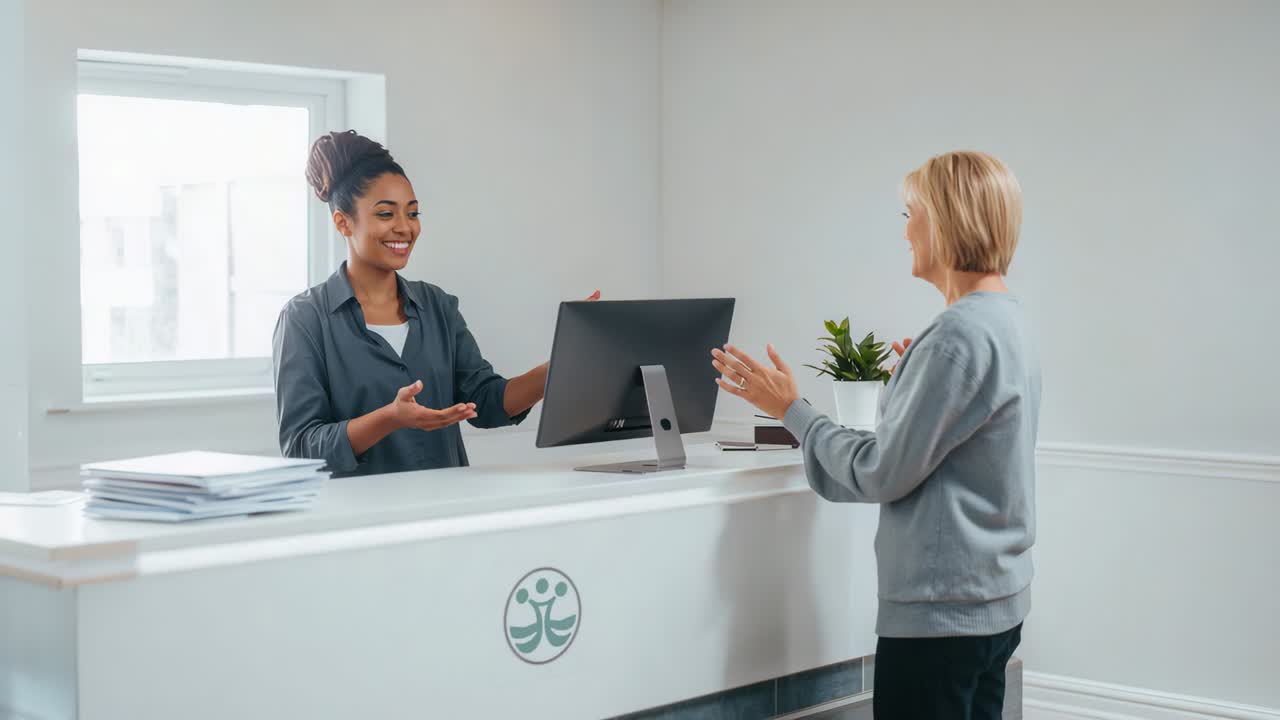 Cliente che arriva al bancone, il personale con top scuro gesticola e ascolta alla reception con monitor