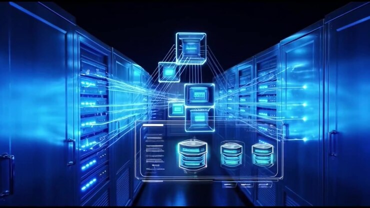 Digital Data Flow and Network Connectivity in a Modern Server Room