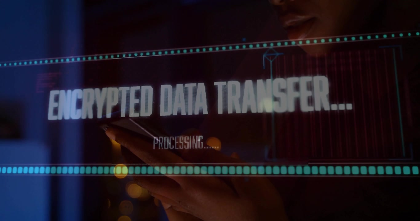 Woman tapping phone screen, initiating encrypted transfer, displaying pulsing technology overlay