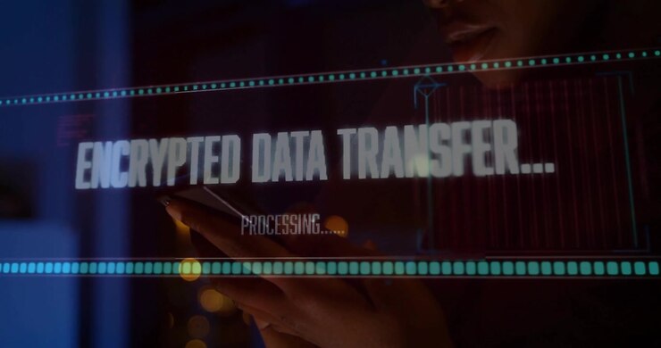 Woman tapping phone screen, initiating encrypted transfer, displaying pulsing technology overlay
