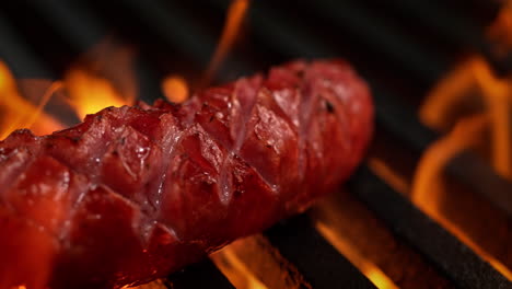 salchicha asada al fuego a la parrilla en una parrilla entre llamas estallantes, barbacoa en macro y cámara lenta