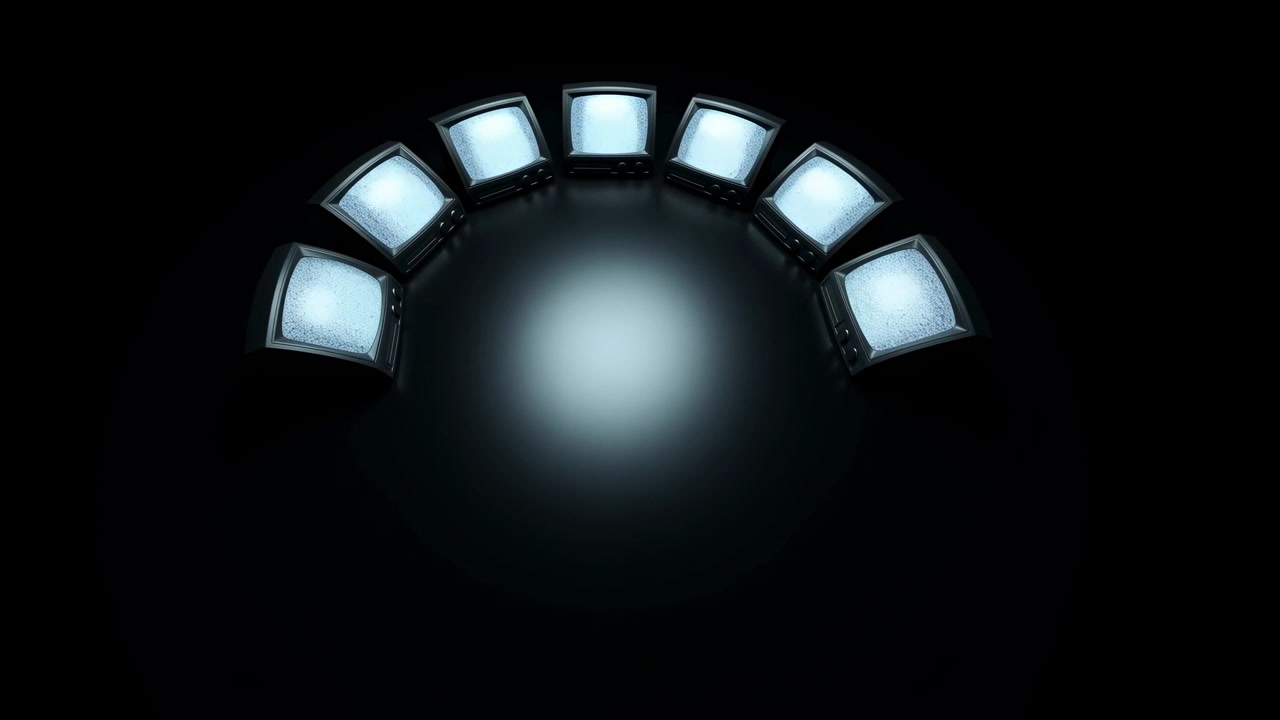 Seven compact vintage CRT televisions stand in semi-circle on glossy black surface, their screens shifting from blue static into brighter cyan light, creating halo reflections and moody contrast