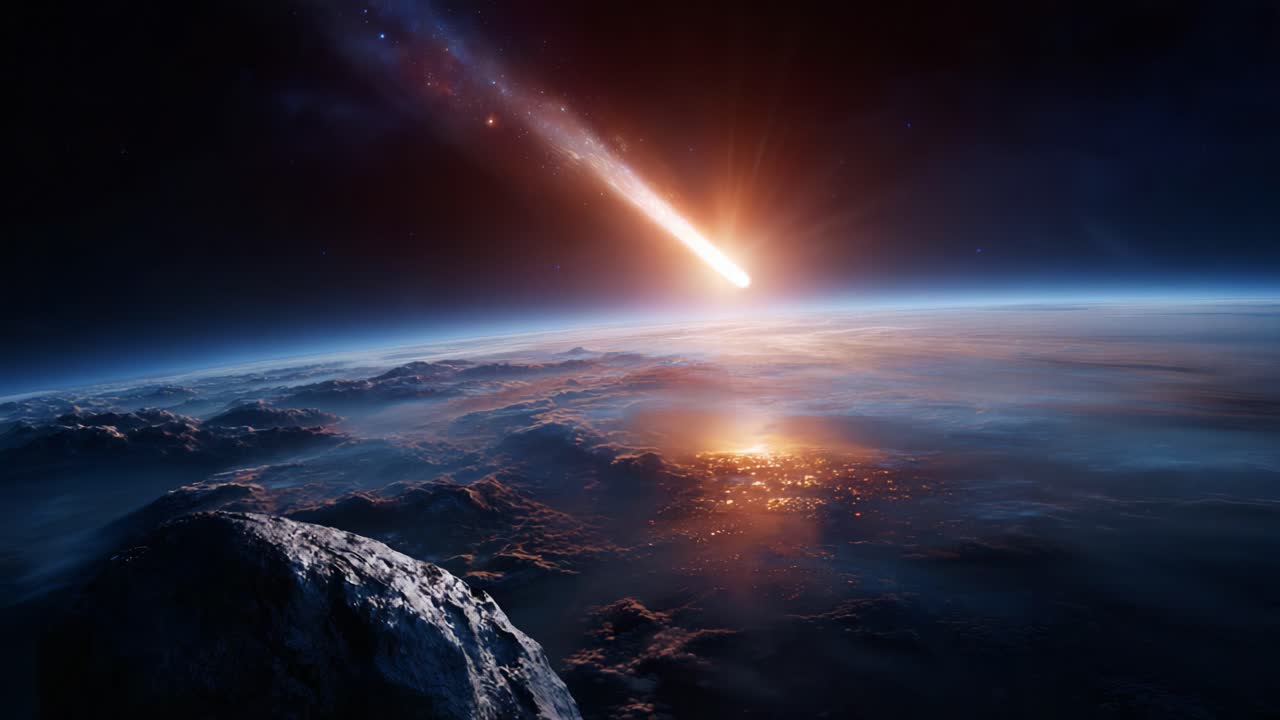 A Stunning Visual Representation of a Celestial Object Impacting Earth, Capturing the Moment of Collision and Its Effects on the Planet's Atmosphere and Surface