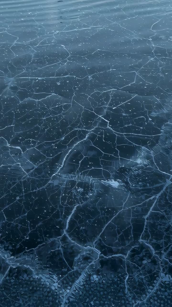 Vertical video: Shifting camera revealing cracked blue ice near shore, showing flecks, pebble edge