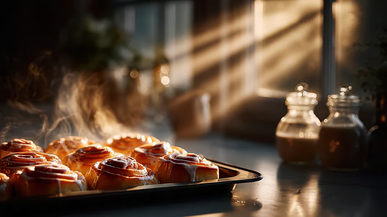 Freshly Baked Cinnamon Rolls Glaze Over Warm Pastry in Golden Light, Creating a Soft and Inviting Atmosphere Perfect for Cozy Mornings and Sweet Treats Enjoyment
