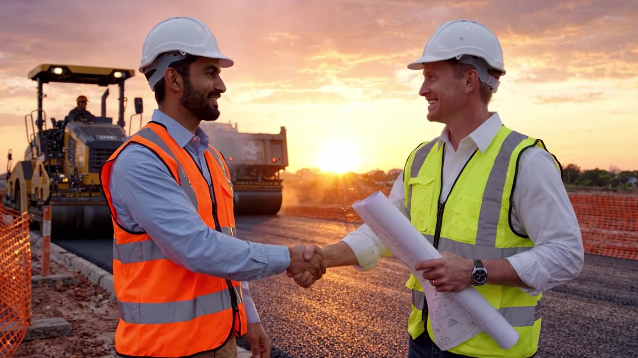 Profesionales de la construcción supervisando obras viales al atardecer con maquinaria pesada de fondo, destacando la colaboración en equipo y el progreso del proyecto.