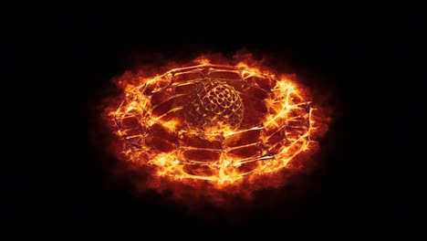 un anillo ardiente de fuego. llamas ardientes y chispas que emiten de un anillo. orbe puntiagudo giratorio en el centro