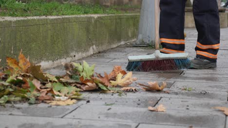 a person sweeping leaves off a sidewalk