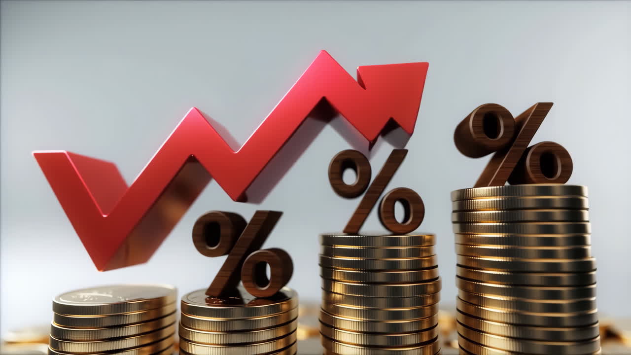 Financial Growth and Rising Interest Rates Illustrated with Coins and an Upward Arrow