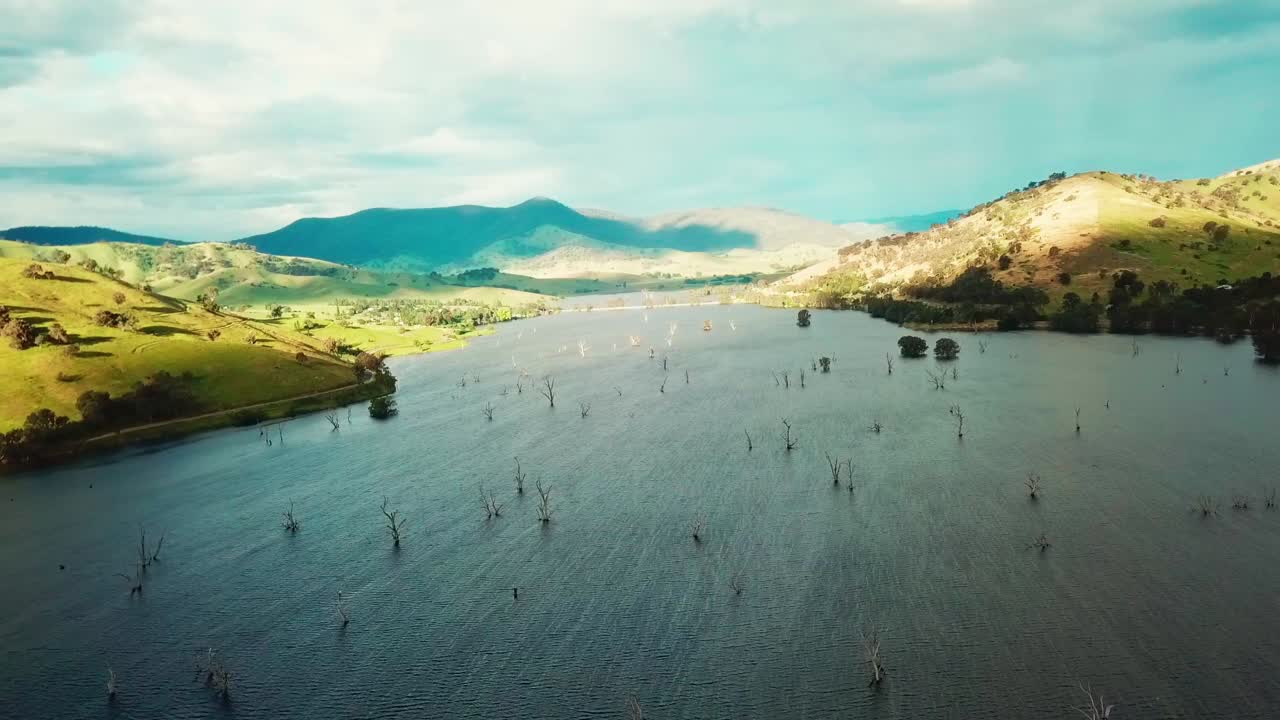 Aerial view of Lake Hume, in north-east Victoria, Australia. November 2021.