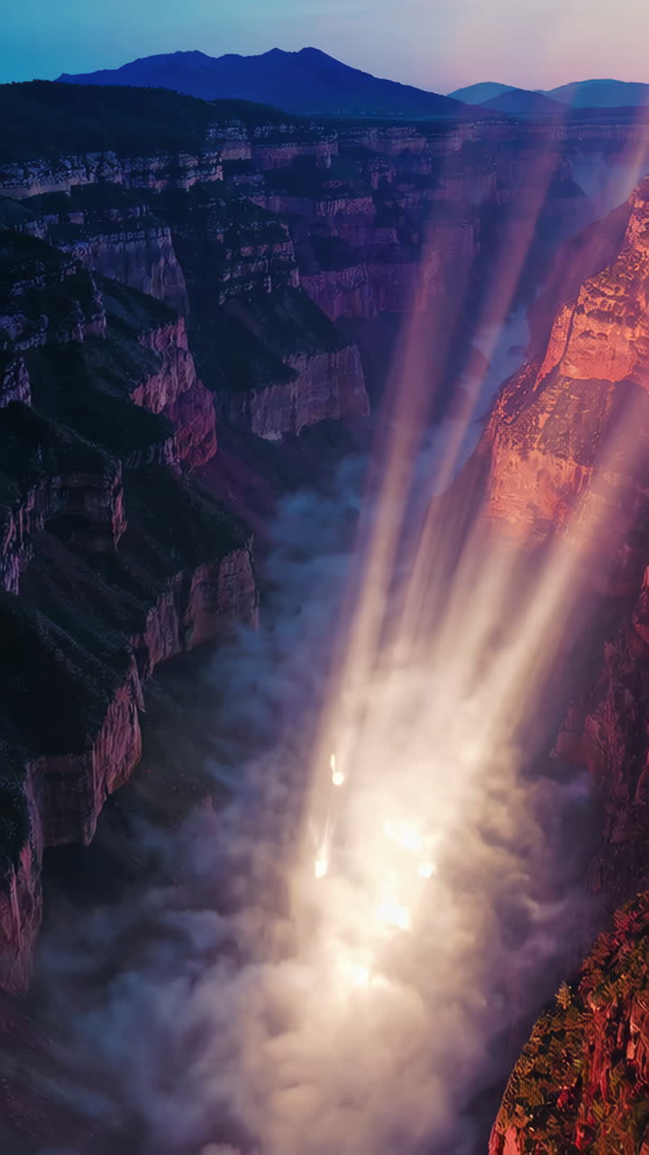 Sunrise or Sunset over a Canyon with Mist and Light Rays