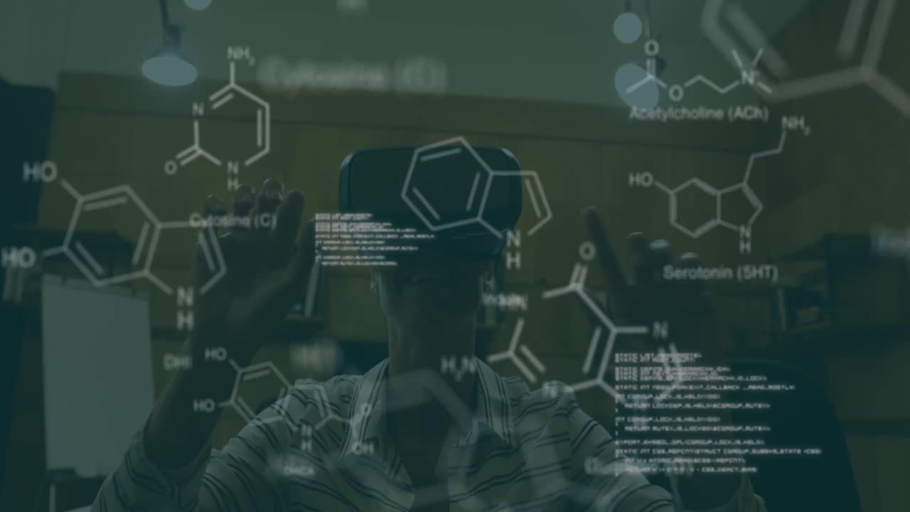 Animation of scientific data over caucasian woman wearing vr headset in office