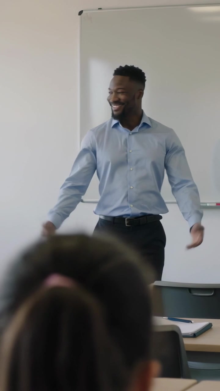 Vertical video: Walking from left, teacher in blue shirt moving to whiteboard preparing lesson