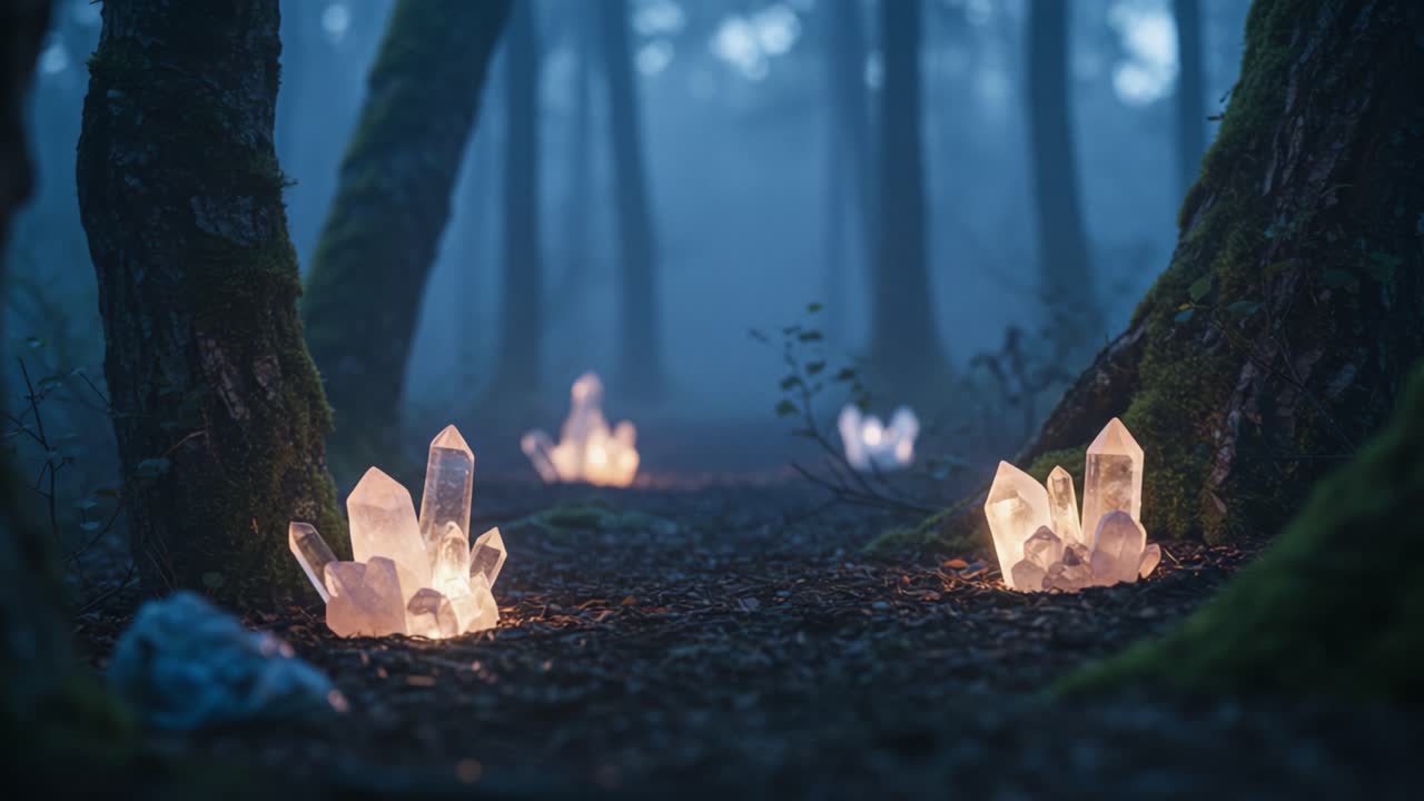 Enigmatic Forest Path Illuminated by Glowing Crystals: A Journey Through a Mystical, Fog-Covered Wilderness Rich with Ethereal Beauty and Nature's Secrets
