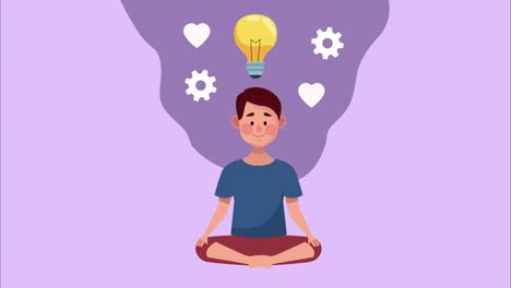 animación de salud mental con hombre en posición de loto y bombilla