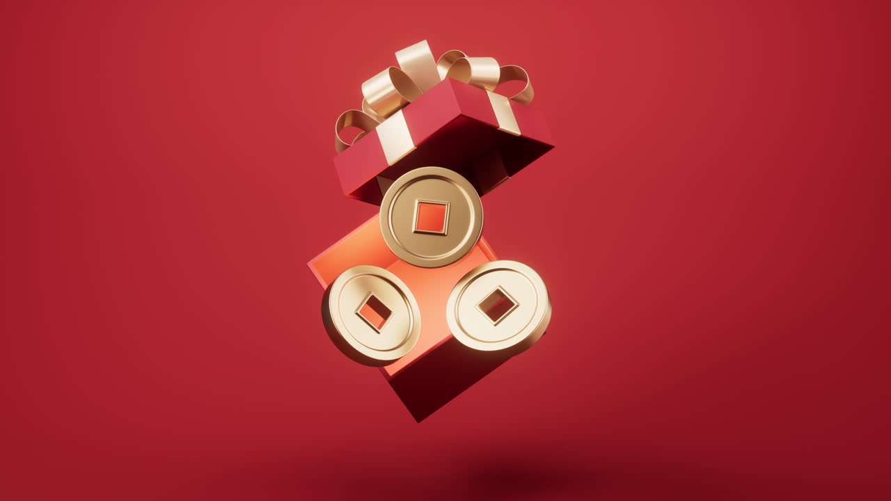 선물 상자와 동전을 열고 3d 렌더링을 하는 루프 애니메이션