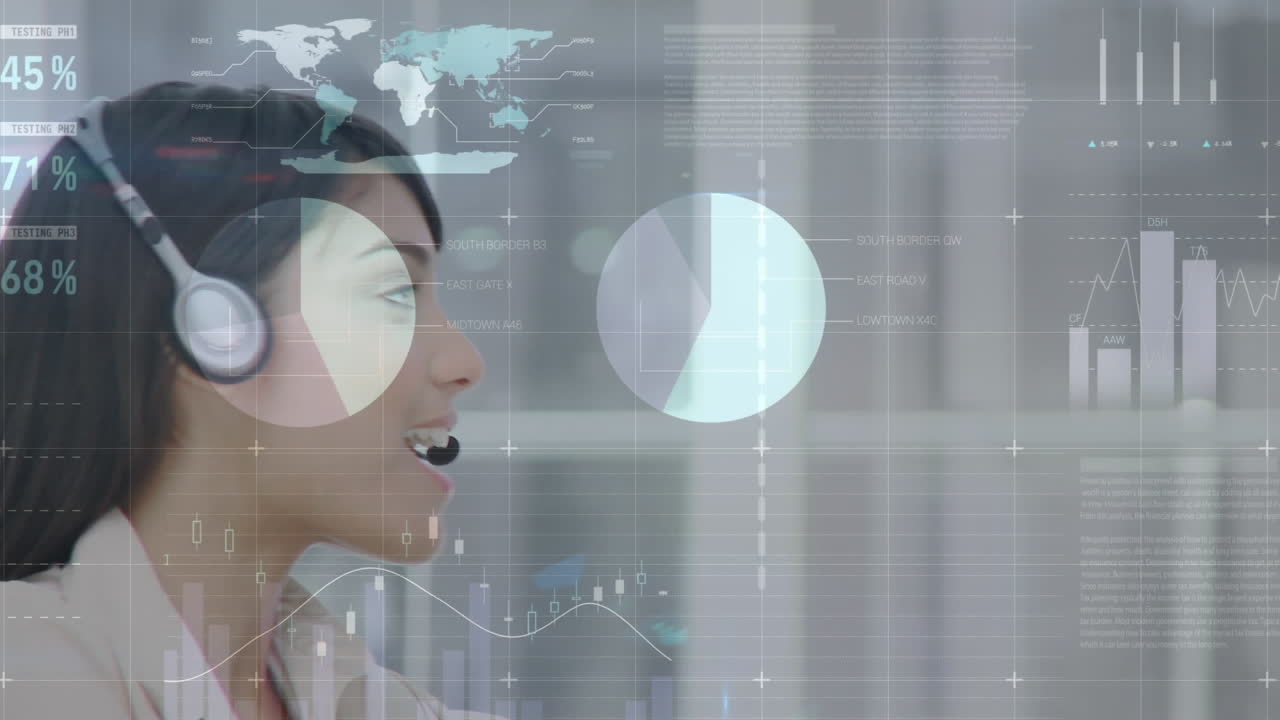 Animazione di elaborazione di dati finanziari e statistici su una donna d'affari con cuffie telefoniche