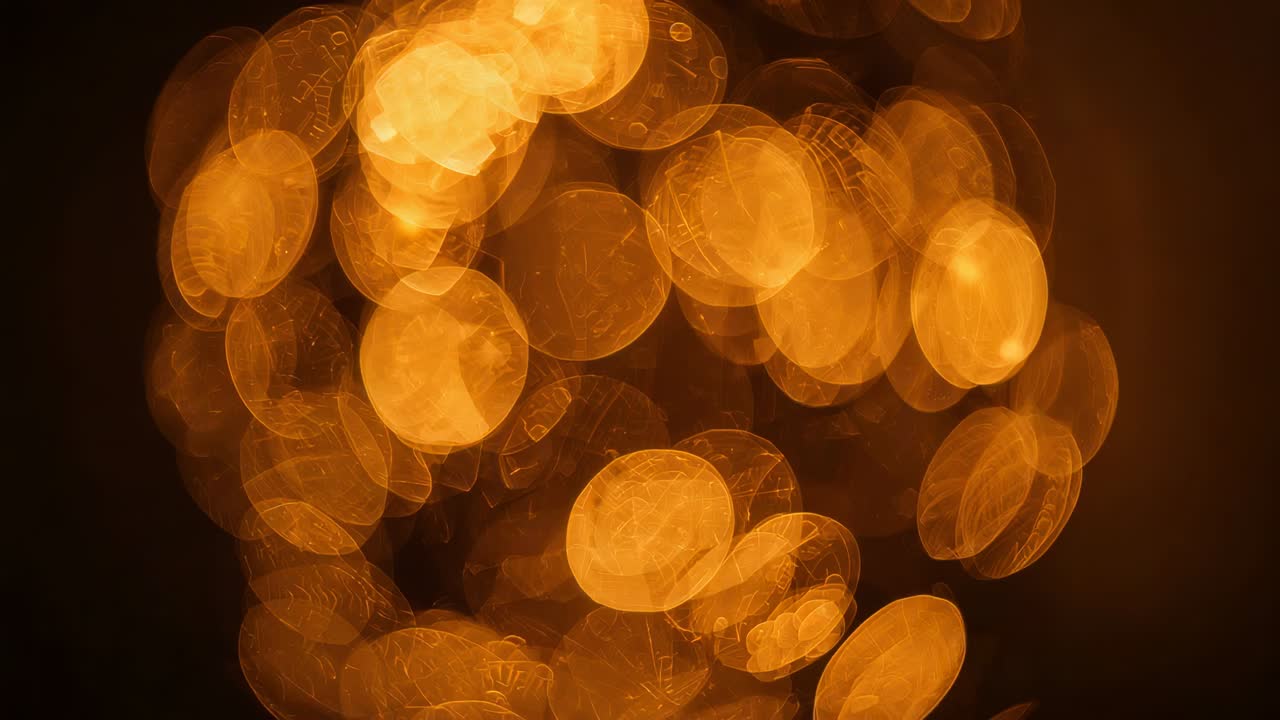 Dischi bokeh color ambra caldi che si spostano, fluttuano e si trasformano in una stanza buia, la fotocamera si muove avviando lo spostamento