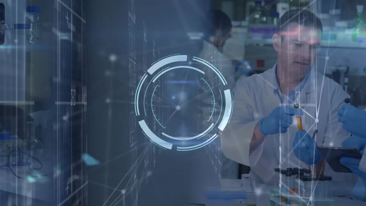 animación de la red de conexiones entre dos científicos varones diversos que trabajan en el laboratorio