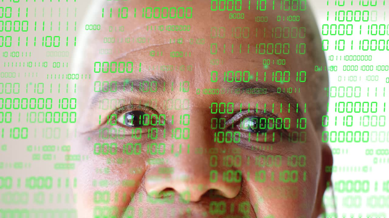 Senior woman opening eyes and blinking as binary overlay appearing on face, causing focus on tech