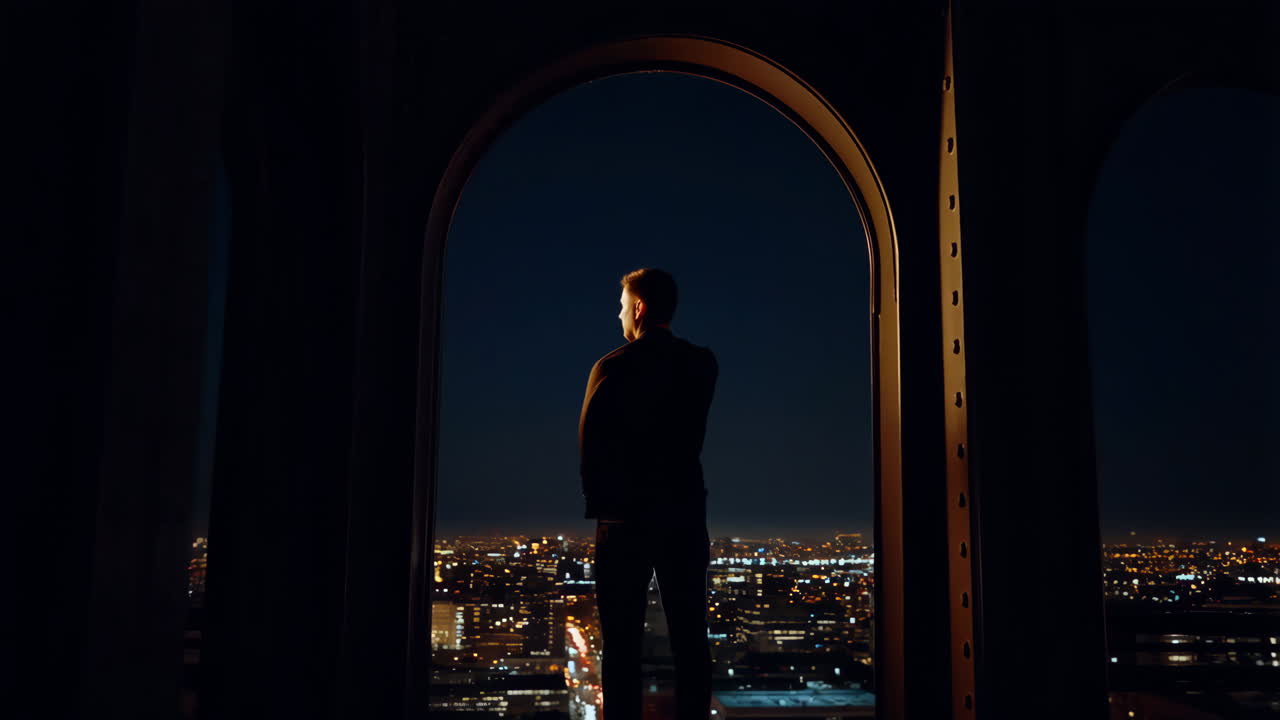 Silhouette of a Man Overlooking a City at Night