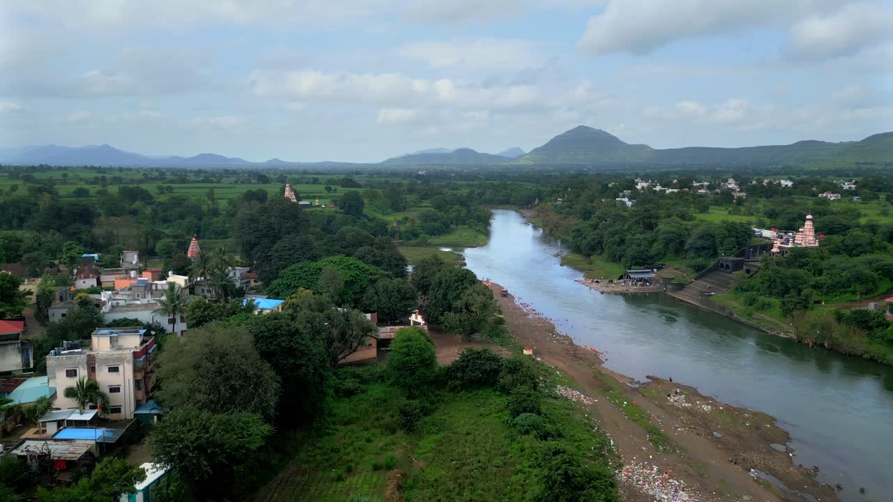 Sangam mahuli temple near at Krishna river in Satara village drone shot